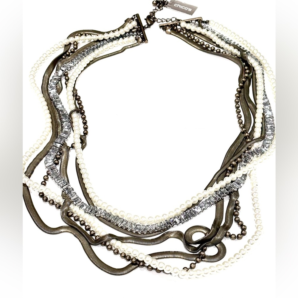 CHICO’s Lux Brass, Pearl & Channel-set Crystal Layered Statement Necklace NWT - Picture 6 of 9
